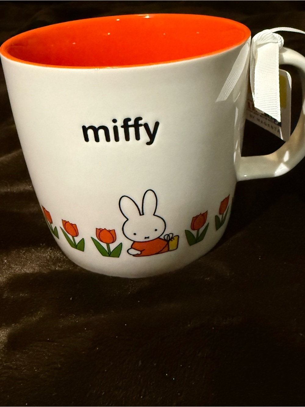 miffy White Ceramic Mug with Orange Interior- Orange tulip Floral Pattern- NWT